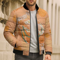 Hawaii Lanai Island Flowers Lei Bomber Puffer Jacket Orange Kaunaoa Mix Maile LT7 - Polynesian Pride