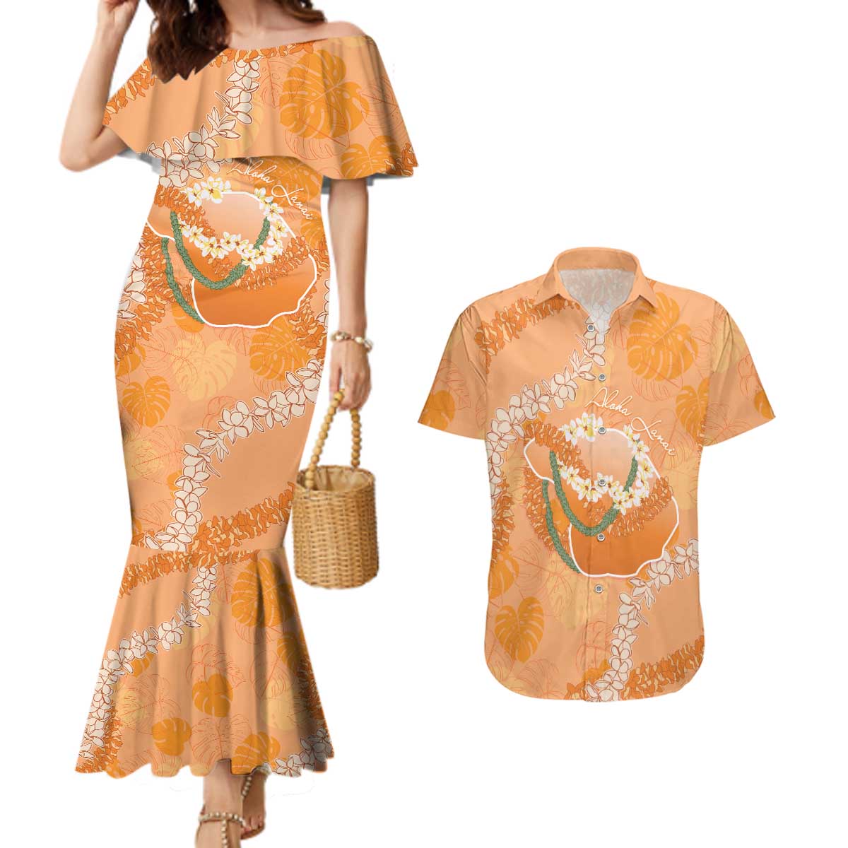 Hawaii Lanai Island Flowers Lei Couples Matching Mermaid Dress and Hawaiian Shirt Orange Kaunaoa Mix Maile