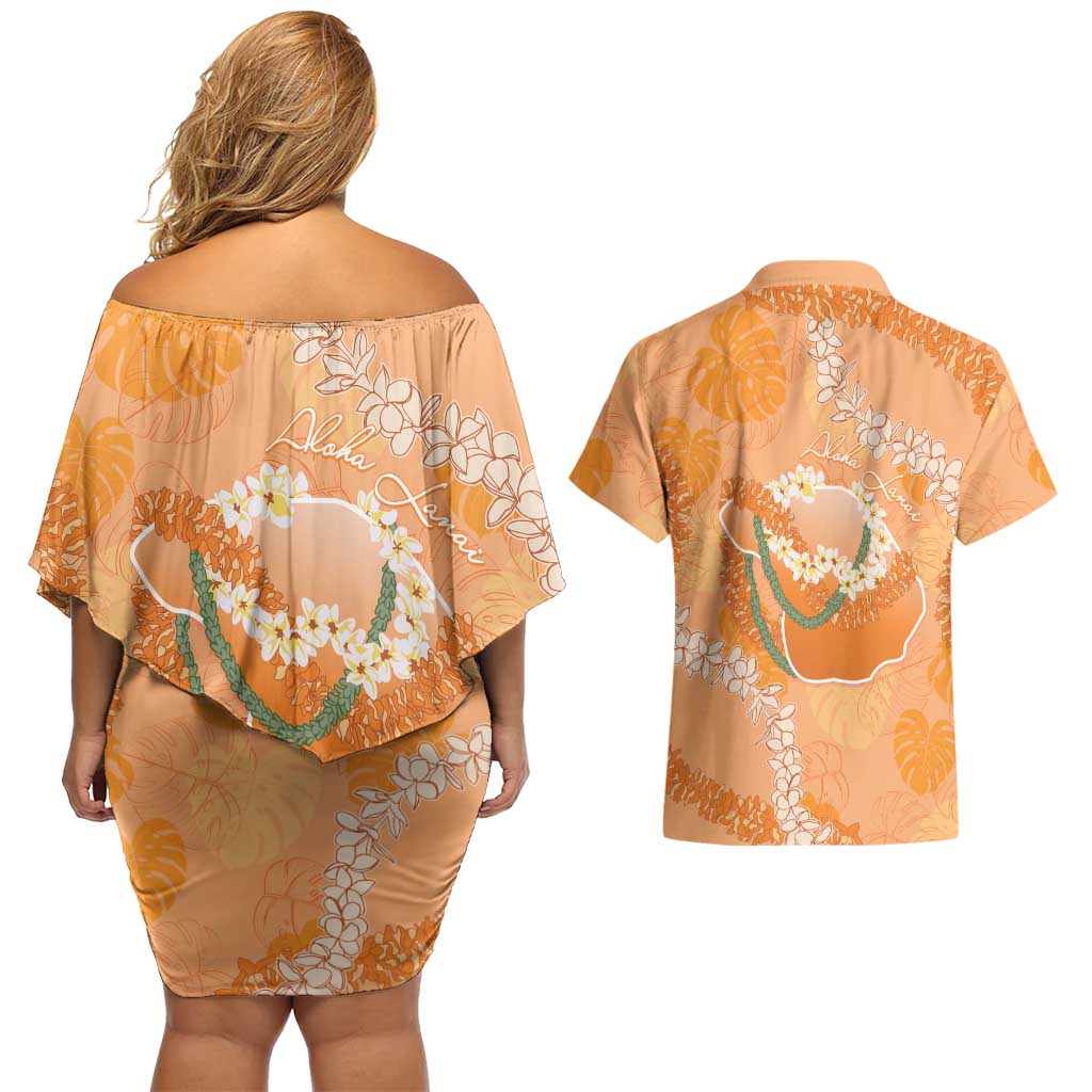 Hawaii Lanai Island Flowers Lei Couples Matching Off Shoulder Short Dress and Hawaiian Shirt Orange Kaunaoa Mix Maile