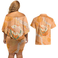 Hawaii Lanai Island Flowers Lei Couples Matching Off Shoulder Short Dress and Hawaiian Shirt Orange Kaunaoa Mix Maile