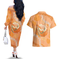 Hawaii Lanai Island Flowers Lei Couples Matching Off The Shoulder Long Sleeve Dress and Hawaiian Shirt Orange Kaunaoa Mix Maile