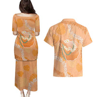 Hawaii Lanai Island Flowers Lei Couples Matching Puletasi and Hawaiian Shirt Orange Kaunaoa Mix Maile