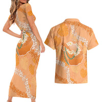 Hawaii Lanai Island Flowers Lei Couples Matching Short Sleeve Bodycon Dress and Hawaiian Shirt Orange Kaunaoa Mix Maile