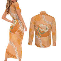 Hawaii Lanai Island Flowers Lei Couples Matching Short Sleeve Bodycon Dress and Long Sleeve Button Shirt Orange Kaunaoa Mix Maile