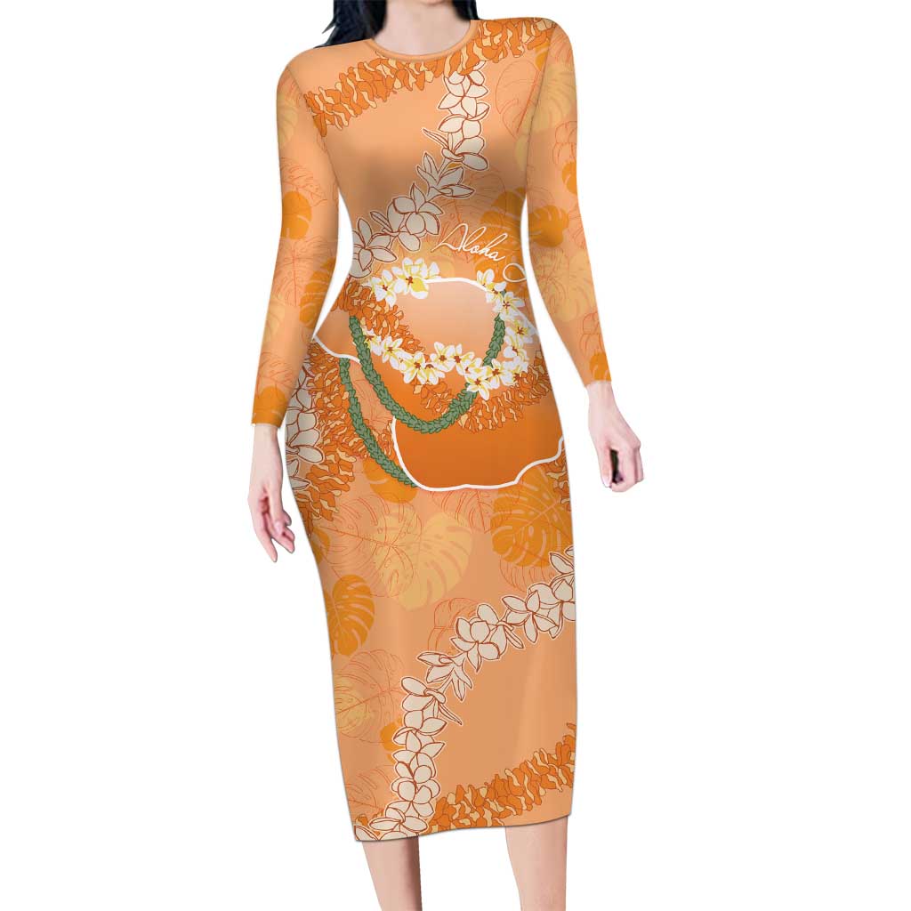 Hawaii Lanai Island Flowers Lei Family Matching Long Sleeve Bodycon Dress and Hawaiian Shirt Orange Kaunaoa Mix Maile