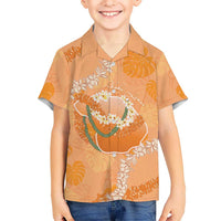 Hawaii Lanai Island Flowers Lei Family Matching Long Sleeve Bodycon Dress and Hawaiian Shirt Orange Kaunaoa Mix Maile
