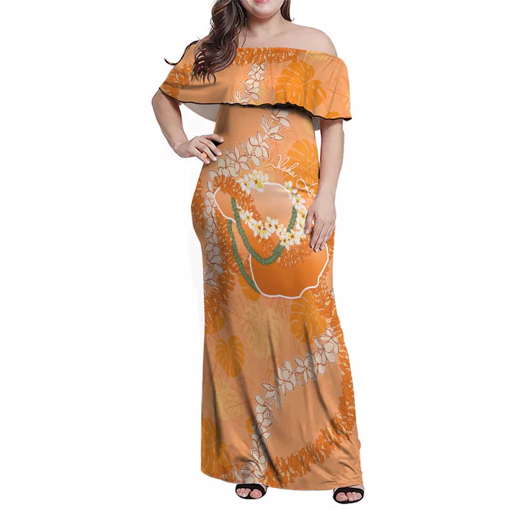 Hawaii Lanai Island Flowers Lei Family Matching Off Shoulder Maxi Dress and Hawaiian Shirt Orange Kaunaoa Mix Maile