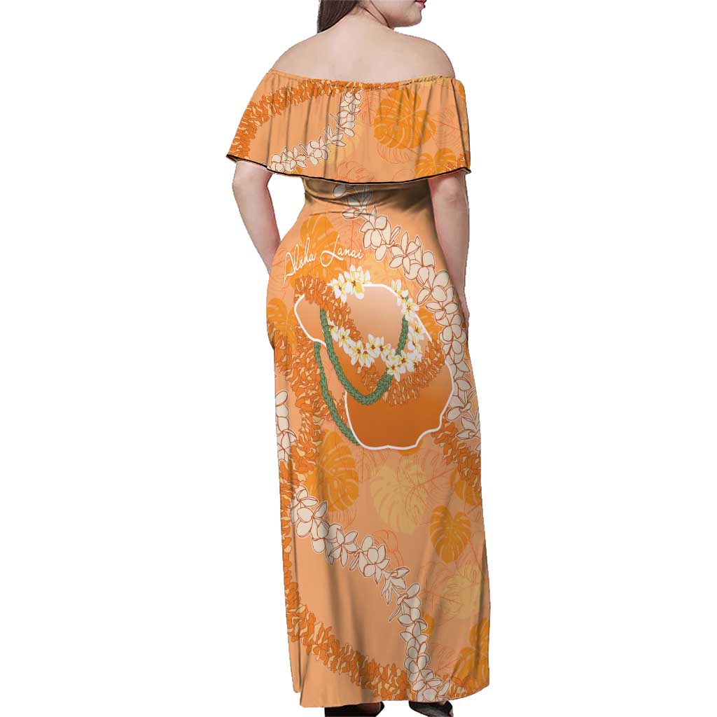 Hawaii Lanai Island Flowers Lei Family Matching Off Shoulder Maxi Dress and Hawaiian Shirt Orange Kaunaoa Mix Maile