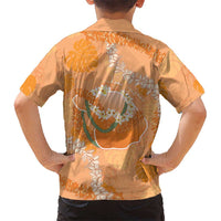 Hawaii Lanai Island Flowers Lei Family Matching Off Shoulder Short Dress and Hawaiian Shirt Orange Kaunaoa Mix Maile