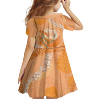 Hawaii Lanai Island Flowers Lei Family Matching Short Sleeve Bodycon Dress and Hawaiian Shirt Orange Kaunaoa Mix Maile