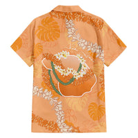 Hawaii Lanai Island Flowers Lei Family Matching Short Sleeve Bodycon Dress and Hawaiian Shirt Orange Kaunaoa Mix Maile
