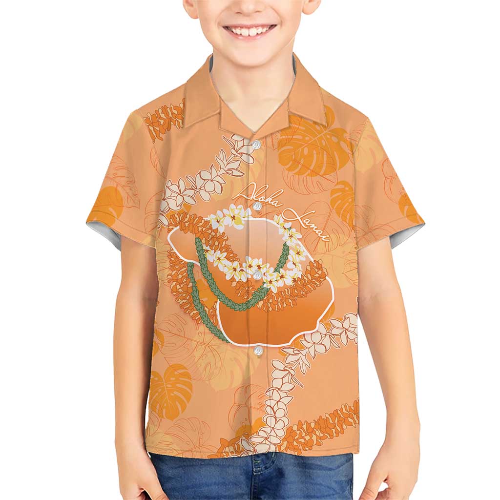 Hawaii Lanai Island Flowers Lei Family Matching Short Sleeve Bodycon Dress and Hawaiian Shirt Orange Kaunaoa Mix Maile