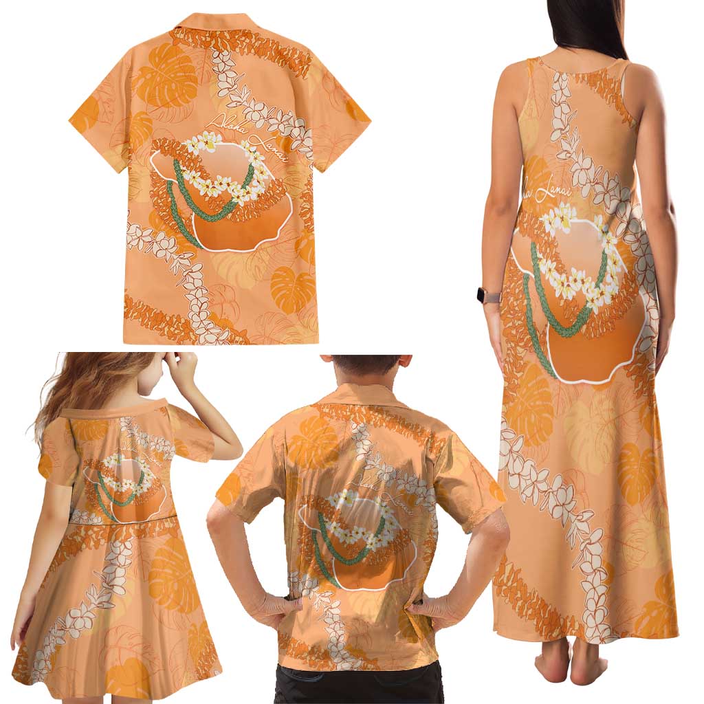 Hawaii Lanai Island Flowers Lei Family Matching Tank Maxi Dress and Hawaiian Shirt Orange Kaunaoa Mix Maile