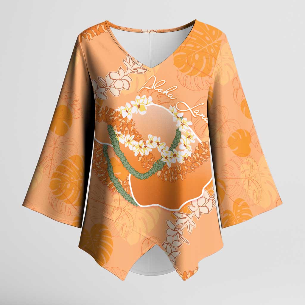 Hawaii Lanai Island Flowers Lei Kimono Sleeve Blouse Orange Kaunaoa Mix Maile