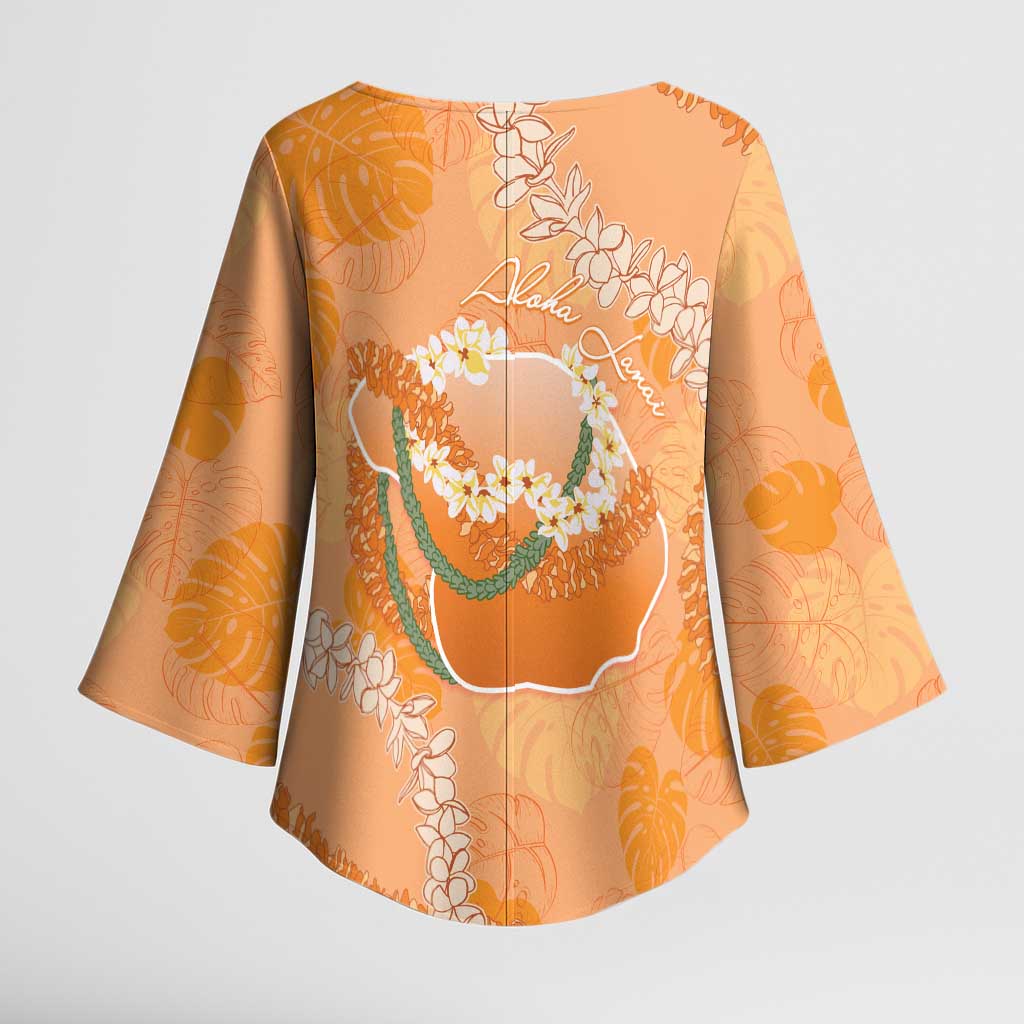Hawaii Lanai Island Flowers Lei Kimono Sleeve Blouse Orange Kaunaoa Mix Maile