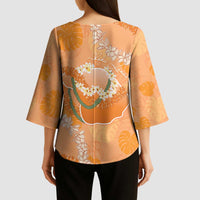 Hawaii Lanai Island Flowers Lei Kimono Sleeve Blouse Orange Kaunaoa Mix Maile