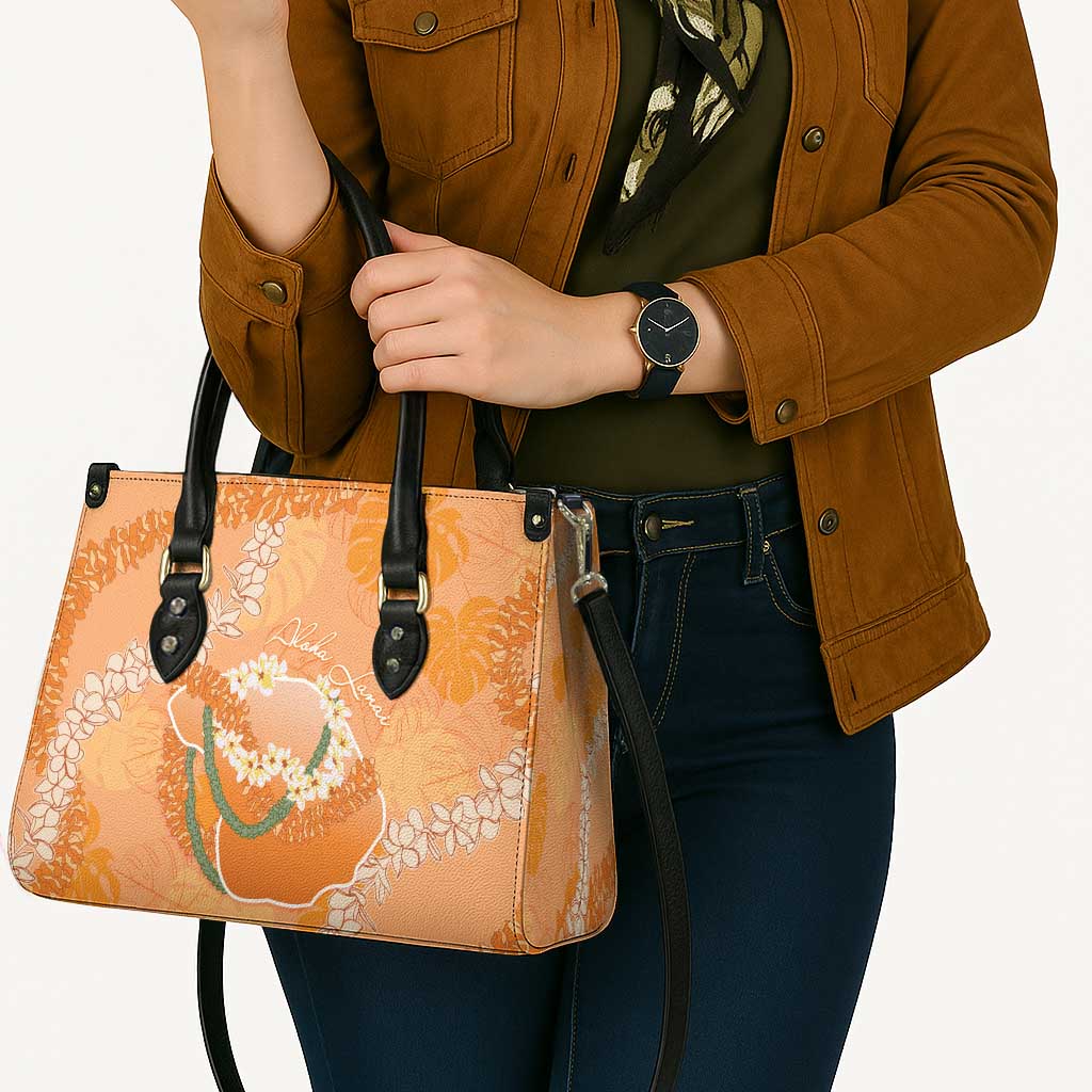 Hawaii Lanai Island Flowers Lei Leather Bag Orange Kaunaoa Mix Maile LT7 - Polynesian Pride