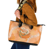 Hawaii Lanai Island Flowers Lei Leather Tote Bag Orange Kaunaoa Mix Maile