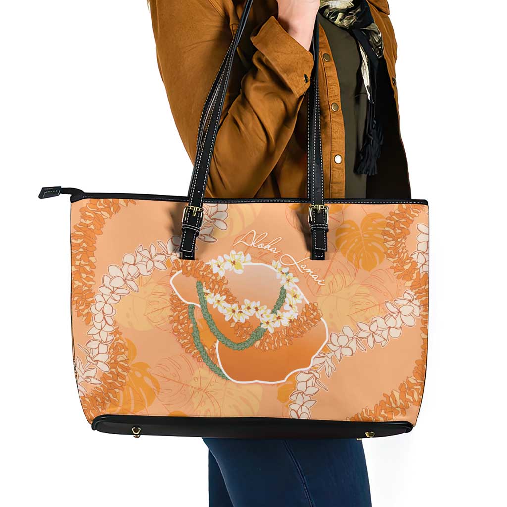 Hawaii Lanai Island Flowers Lei Leather Tote Bag Orange Kaunaoa Mix Maile