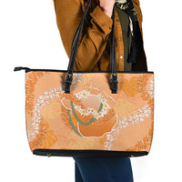 Hawaii Lanai Island Flowers Lei Leather Tote Bag Orange Kaunaoa Mix Maile