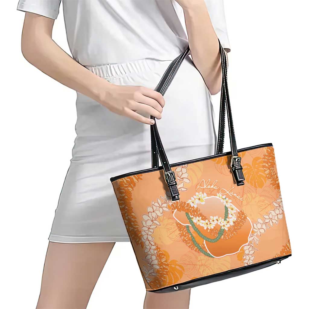 Hawaii Lanai Island Flowers Lei Leather Tote Bag Orange Kaunaoa Mix Maile