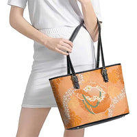 Hawaii Lanai Island Flowers Lei Leather Tote Bag Orange Kaunaoa Mix Maile