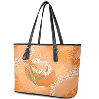 Hawaii Lanai Island Flowers Lei Leather Tote Bag Orange Kaunaoa Mix Maile