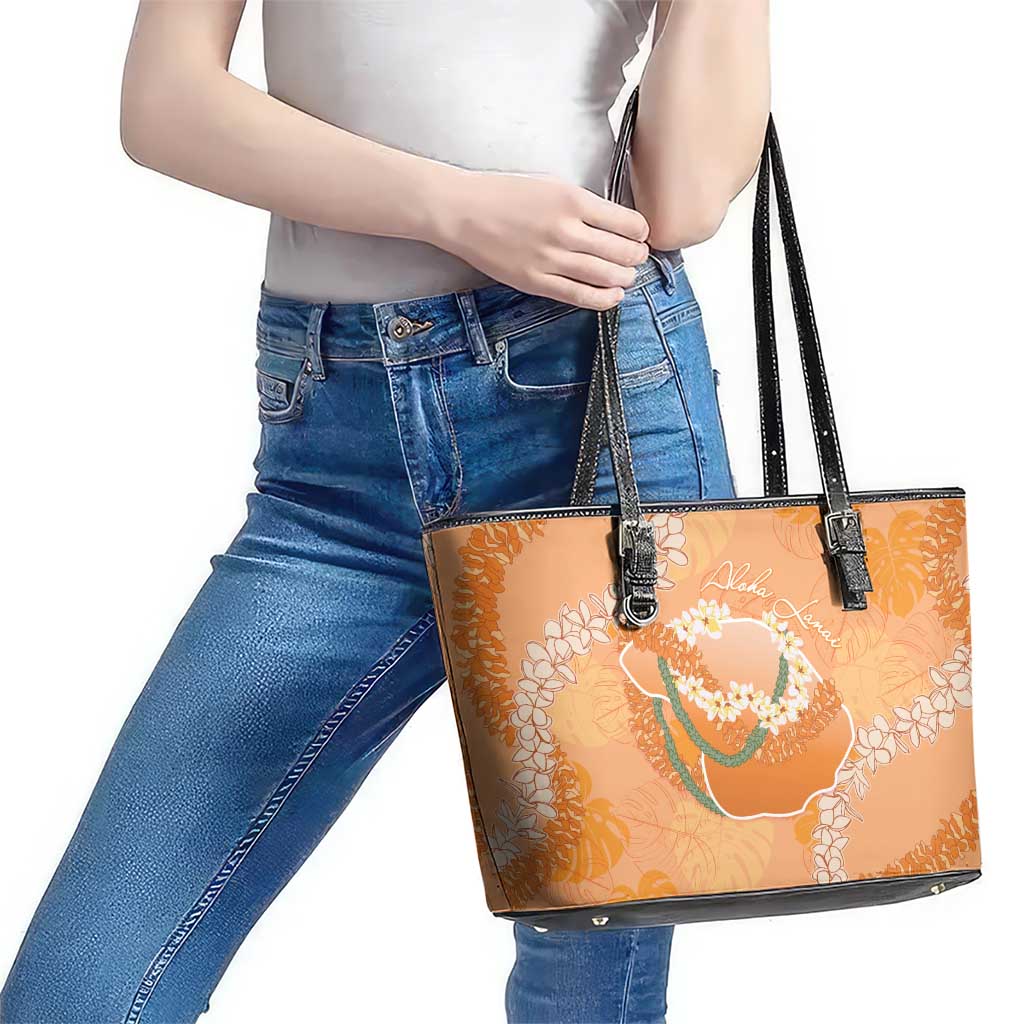 Hawaii Lanai Island Flowers Lei Leather Tote Bag Orange Kaunaoa Mix Maile