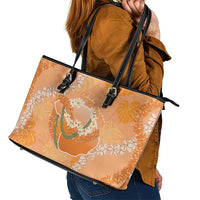 Hawaii Lanai Island Flowers Lei Leather Tote Bag Orange Kaunaoa Mix Maile