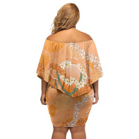 Hawaii Lanai Island Flowers Lei Off Shoulder Short Dress Orange Kaunaoa Mix Maile LT7 - Polynesian Pride