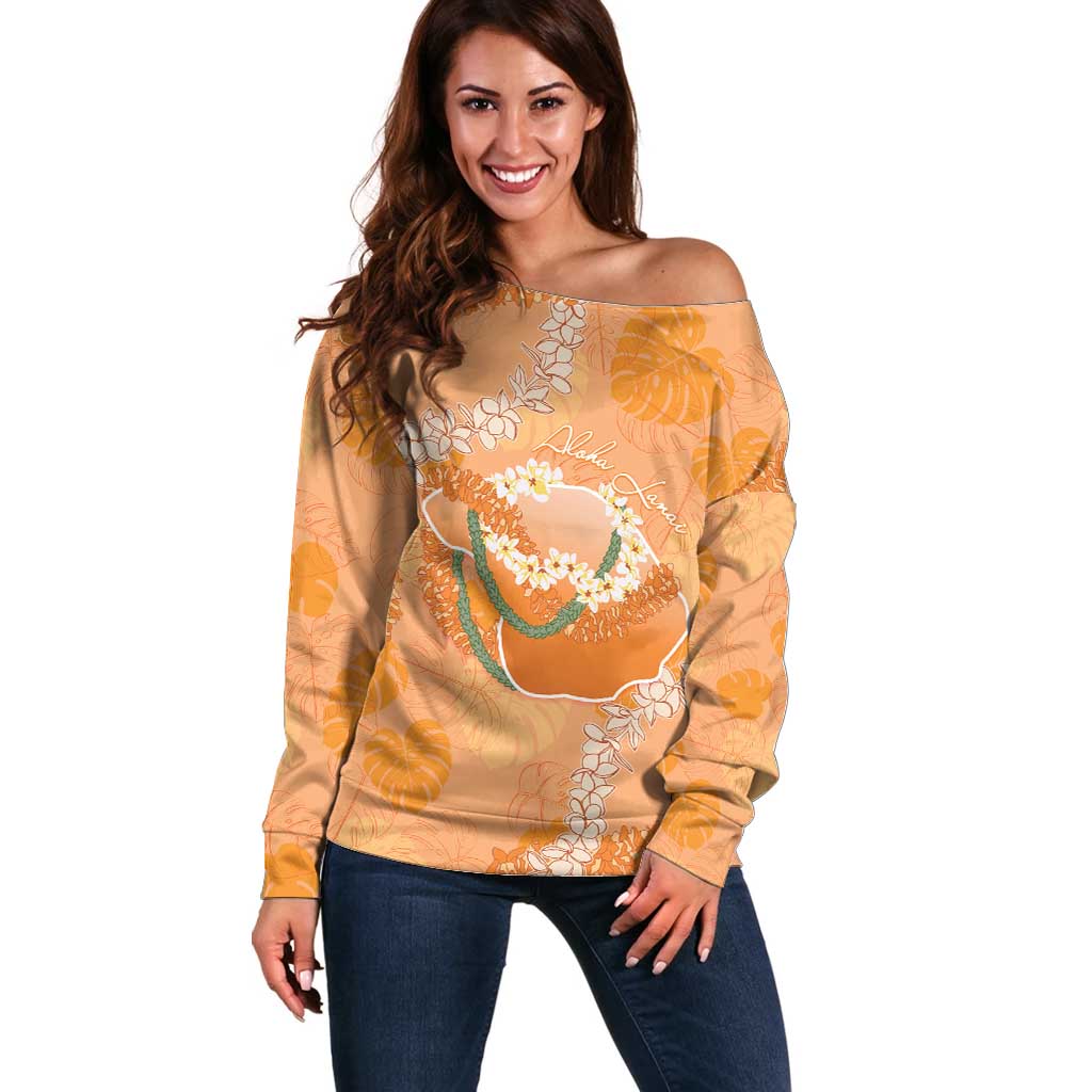 Hawaii Lanai Island Flowers Lei Off Shoulder Sweater Orange Kaunaoa Mix Maile LT7 Women Orange - Polynesian Pride