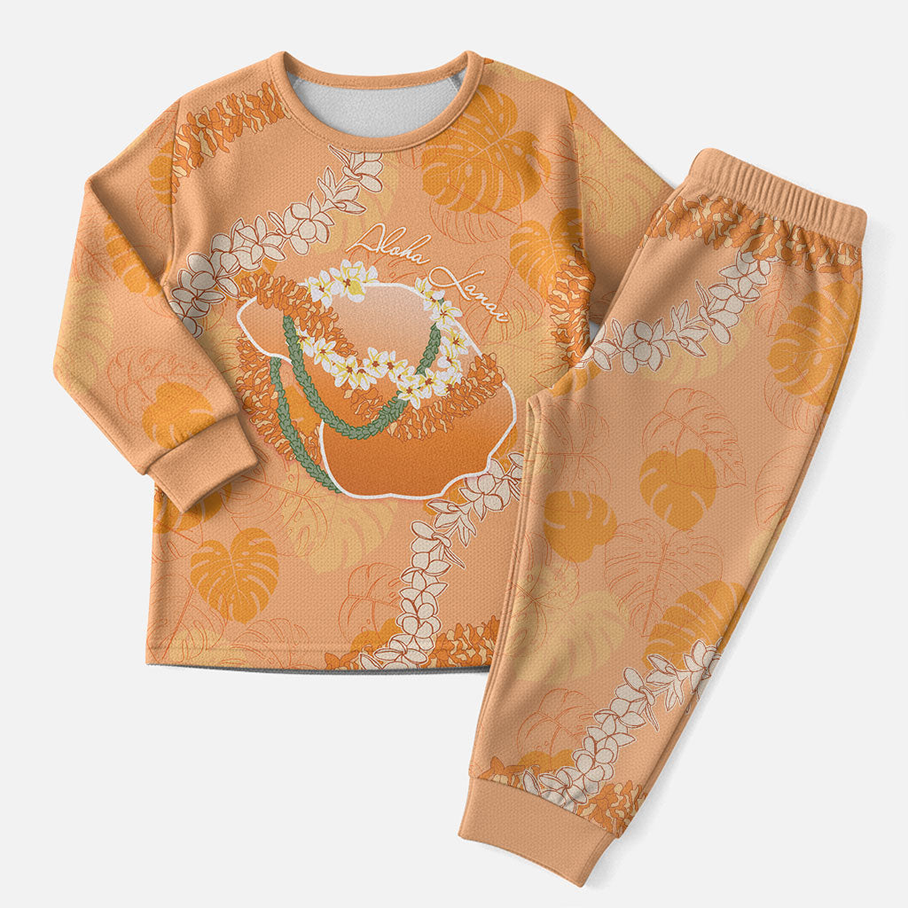 Hawaii Lanai Island Flowers Lei Christmas Pajama Set Orange Kaunaoa Mix Maile