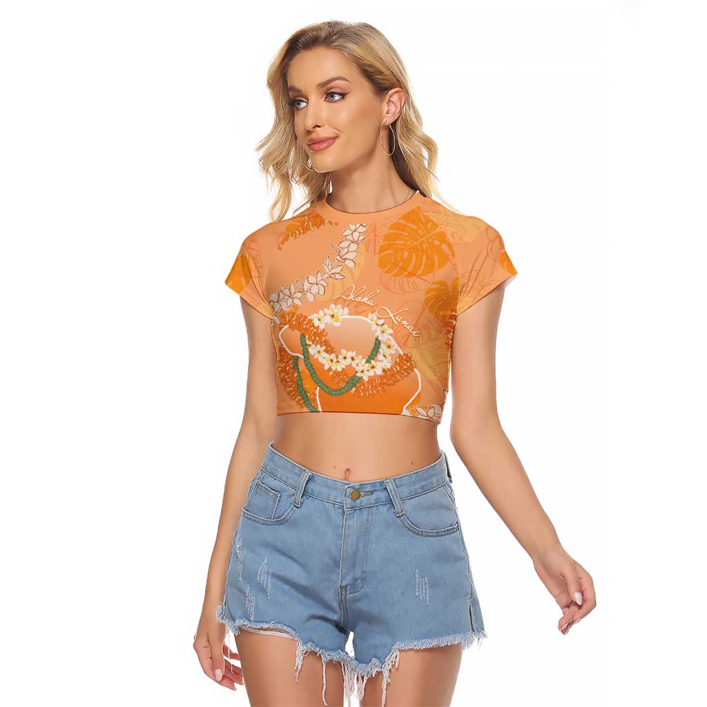 Hawaii Lanai Island Flowers Lei Raglan Cropped T Shirt Orange Kaunaoa Mix Maile LT7 Female Orange - Polynesian Pride