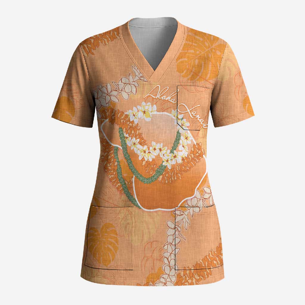 Hawaii Lanai Island Flowers Lei Scrub Top Orange Kaunaoa Mix Maile LT7 Adult Orange - Polynesian Pride