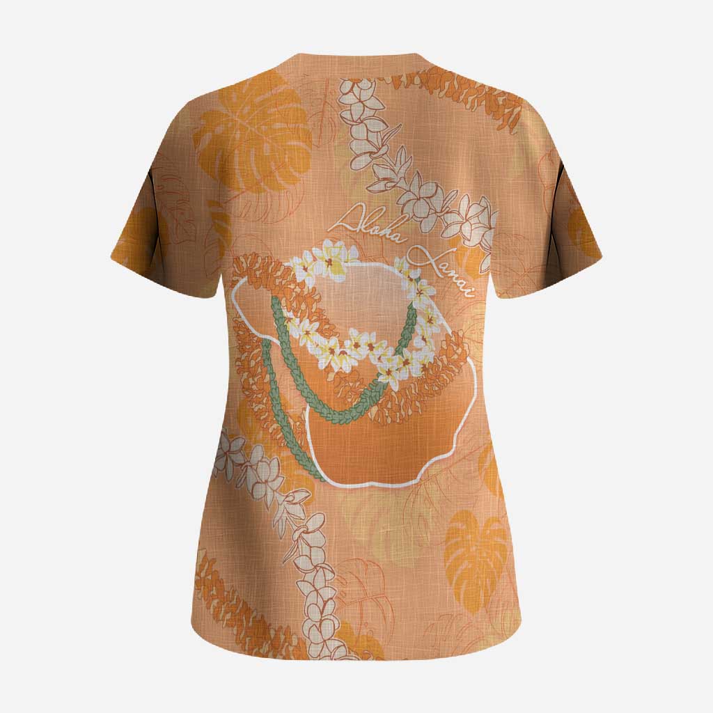 Hawaii Lanai Island Flowers Lei Scrub Top Orange Kaunaoa Mix Maile LT7 - Polynesian Pride