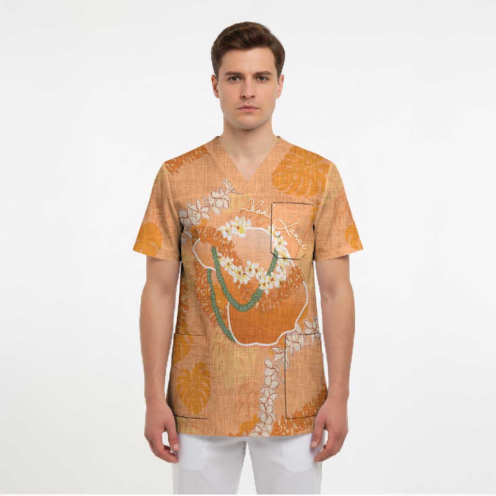 Hawaii Lanai Island Flowers Lei Scrub Top Orange Kaunaoa Mix Maile LT7 - Polynesian Pride