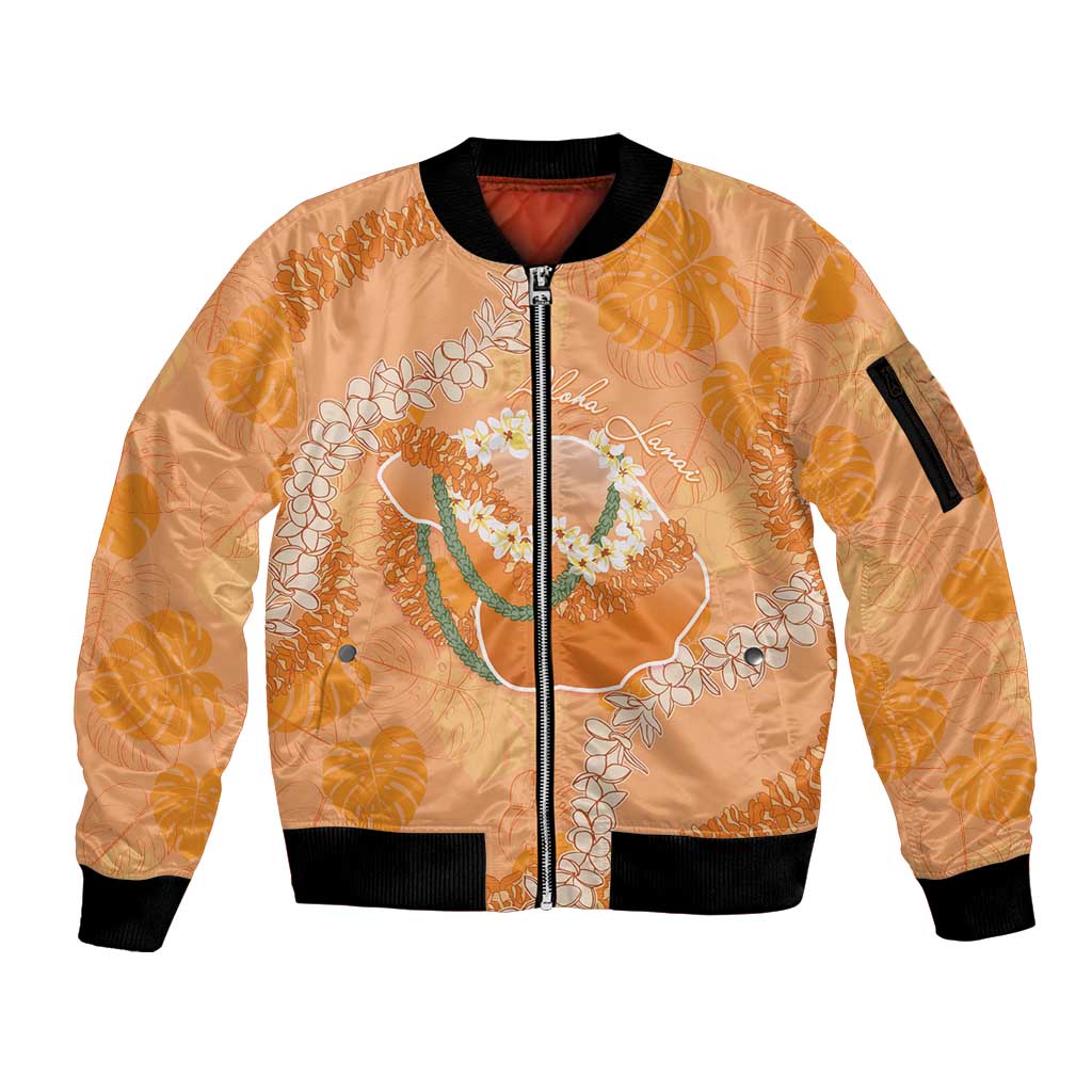Hawaii Lanai Island Flowers Lei Sleeve Zip Bomber Jacket Orange Kaunaoa Mix Maile LT7 Unisex Orange - Polynesian Pride