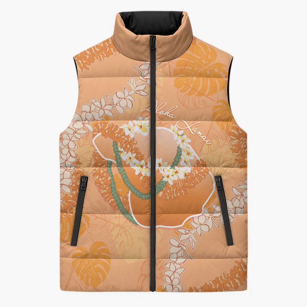 Hawaii Lanai Island Flowers Lei Sleeveless Puffer Jacket Orange Kaunaoa Mix Maile LT7 Unisex Orange - Polynesian Pride