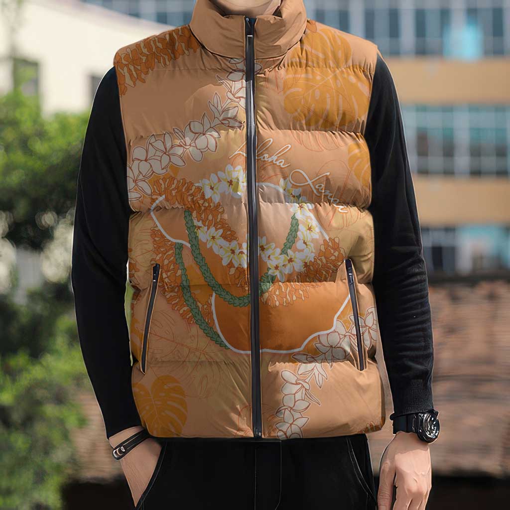 Hawaii Lanai Island Flowers Lei Sleeveless Puffer Jacket Orange Kaunaoa Mix Maile LT7 - Polynesian Pride