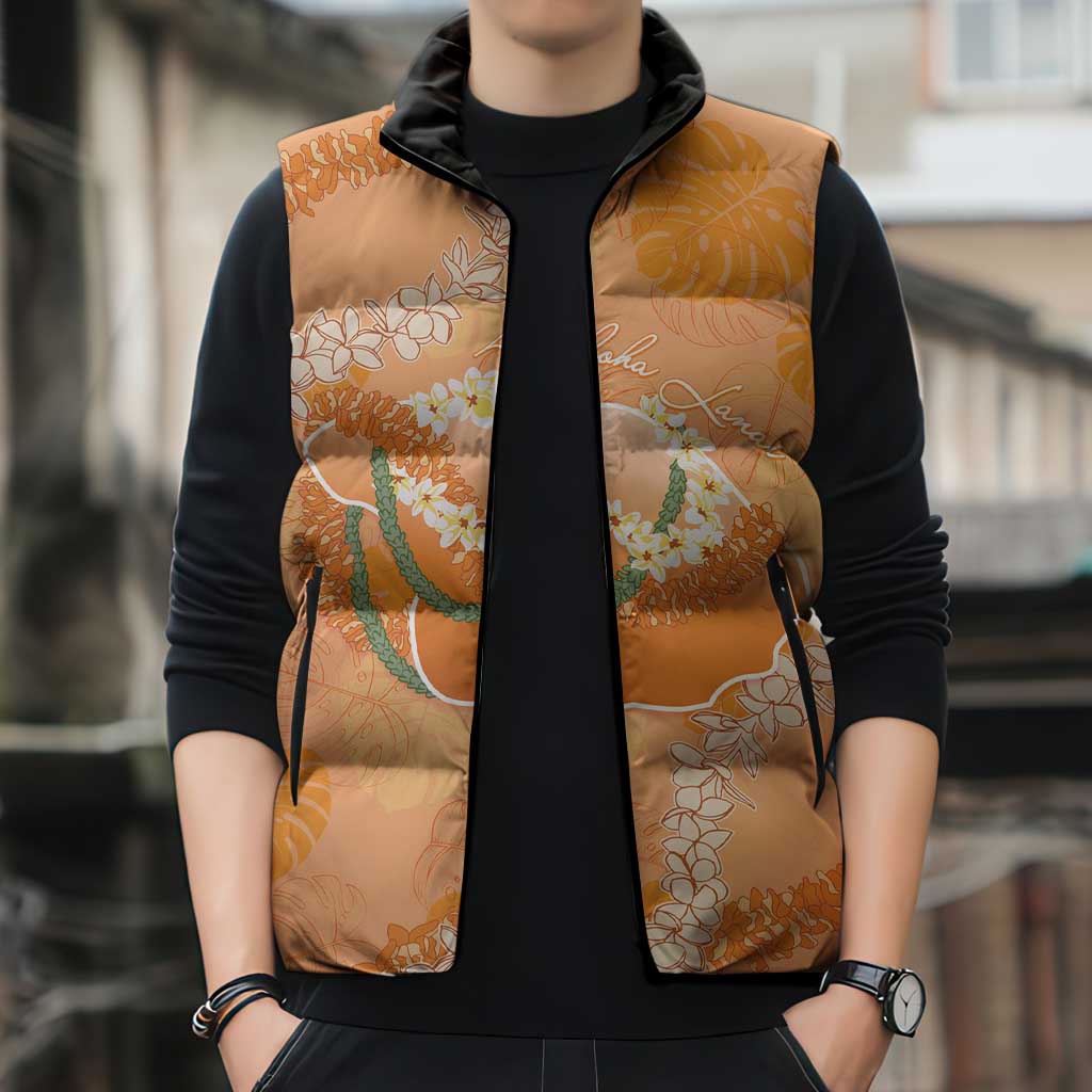 Hawaii Lanai Island Flowers Lei Sleeveless Puffer Jacket Orange Kaunaoa Mix Maile LT7 - Polynesian Pride