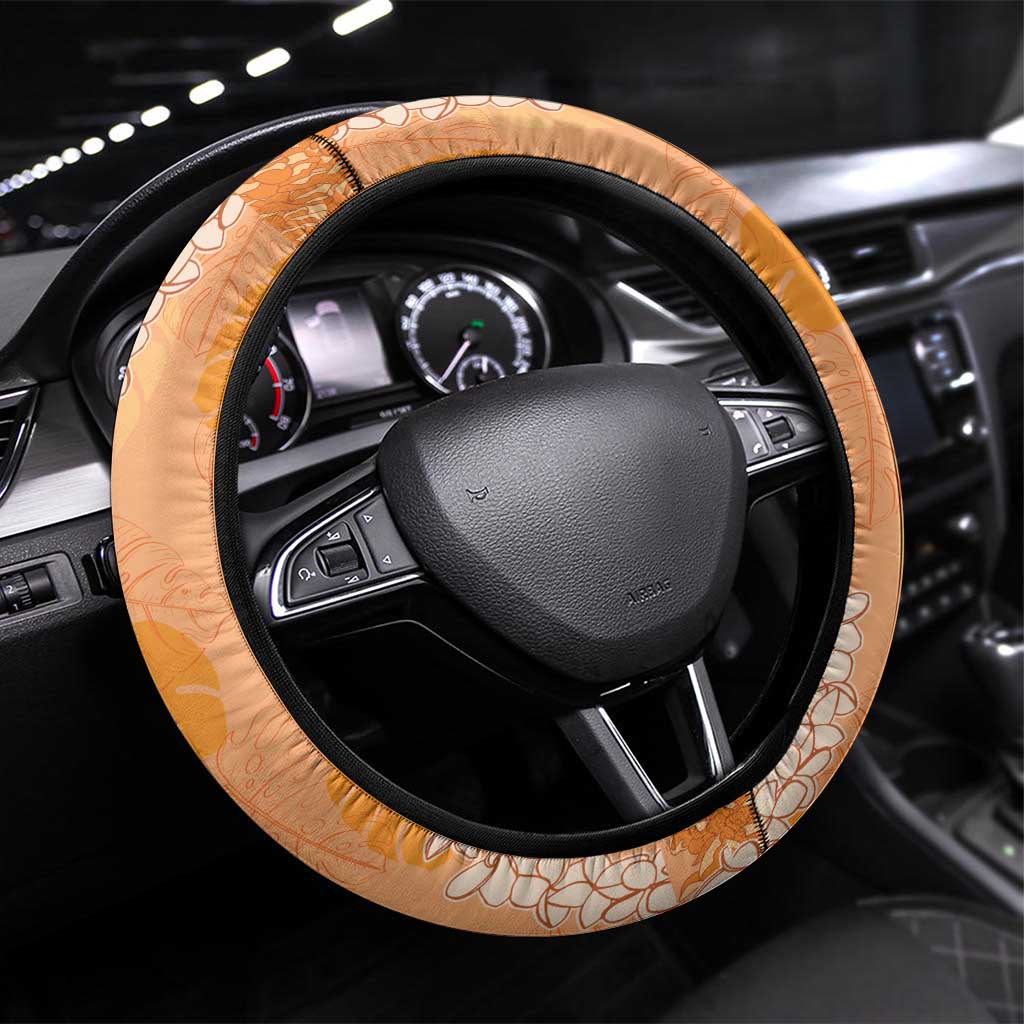 Hawaii Lanai Island Flowers Lei Steering Wheel Cover Orange Kaunaoa Mix Maile LT7 Universal Fit Orange - Polynesian Pride