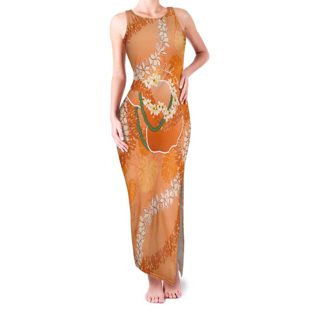 Hawaii Lanai Island Flowers Lei Tank Maxi Dress Orange Kaunaoa Mix Maile LT7 Women Orange - Polynesian Pride