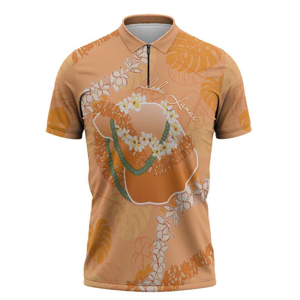 Hawaii Lanai Island Flowers Lei Zipper Polo Shirt Orange Kaunaoa Mix Maile LT7 Orange - Polynesian Pride
