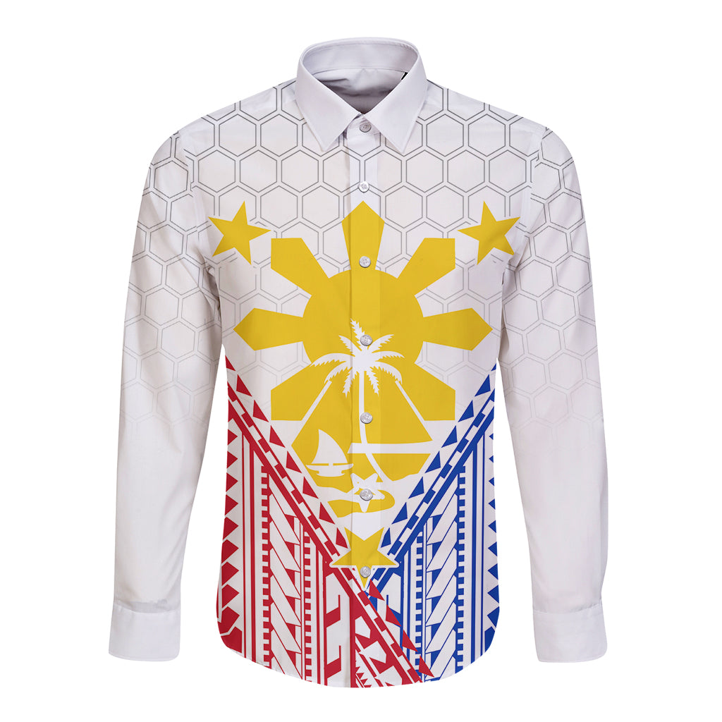 Personalised Philippines Mix Guam Long Sleeve Button Shirt Filipino Flag Style LT7 Unisex White - Polynesian Pride