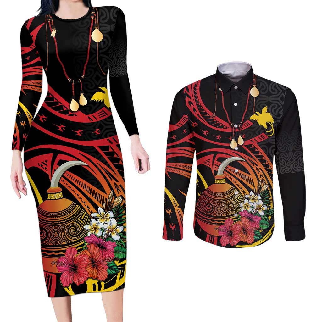Personalized Milne Bay Couples Matching Long Sleeve Bodycon Dress and Long Sleeve Button Shirt PNG Lime Pot with Oro Tapa LT7 Black - Polynesian Pride
