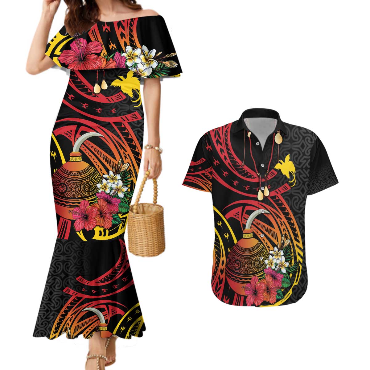 Personalized Milne Bay Couples Matching Mermaid Dress and Hawaiian Shirt PNG Lime Pot with Oro Tapa