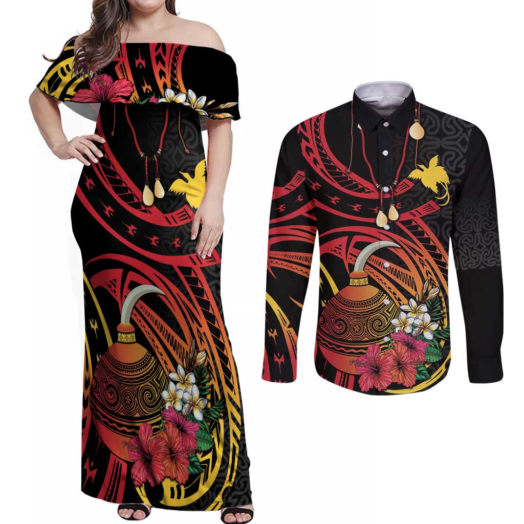 Personalized Milne Bay Couples Matching Off Shoulder Maxi Dress and Long Sleeve Button Shirt PNG Lime Pot with Oro Tapa LT7 Black - Polynesian Pride