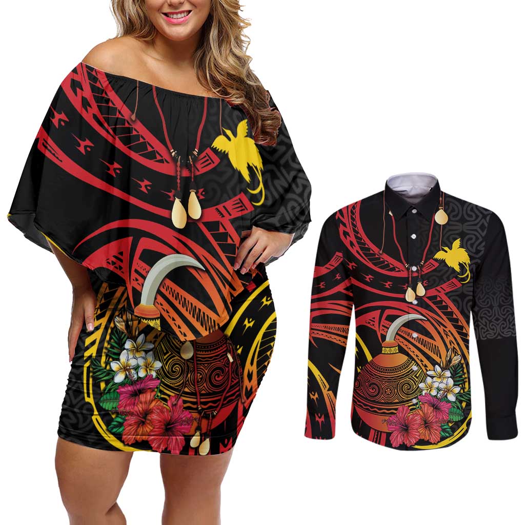 Personalized Milne Bay Couples Matching Off Shoulder Short Dress and Long Sleeve Button Shirt PNG Lime Pot with Oro Tapa LT7 Black - Polynesian Pride