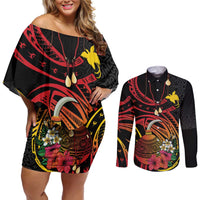 Personalized Milne Bay Couples Matching Off Shoulder Short Dress and Long Sleeve Button Shirt PNG Lime Pot with Oro Tapa LT7 Black - Polynesian Pride