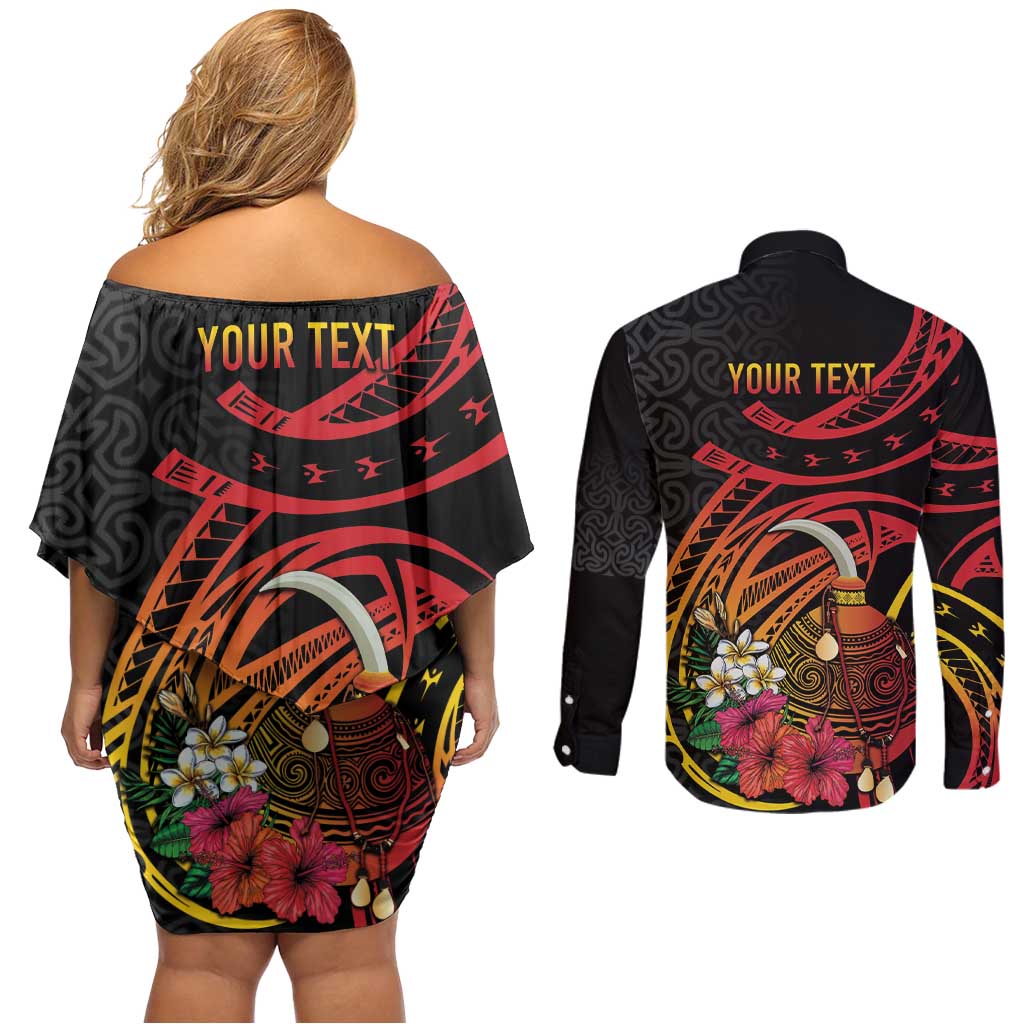 Personalized Milne Bay Couples Matching Off Shoulder Short Dress and Long Sleeve Button Shirt PNG Lime Pot with Oro Tapa LT7 - Polynesian Pride